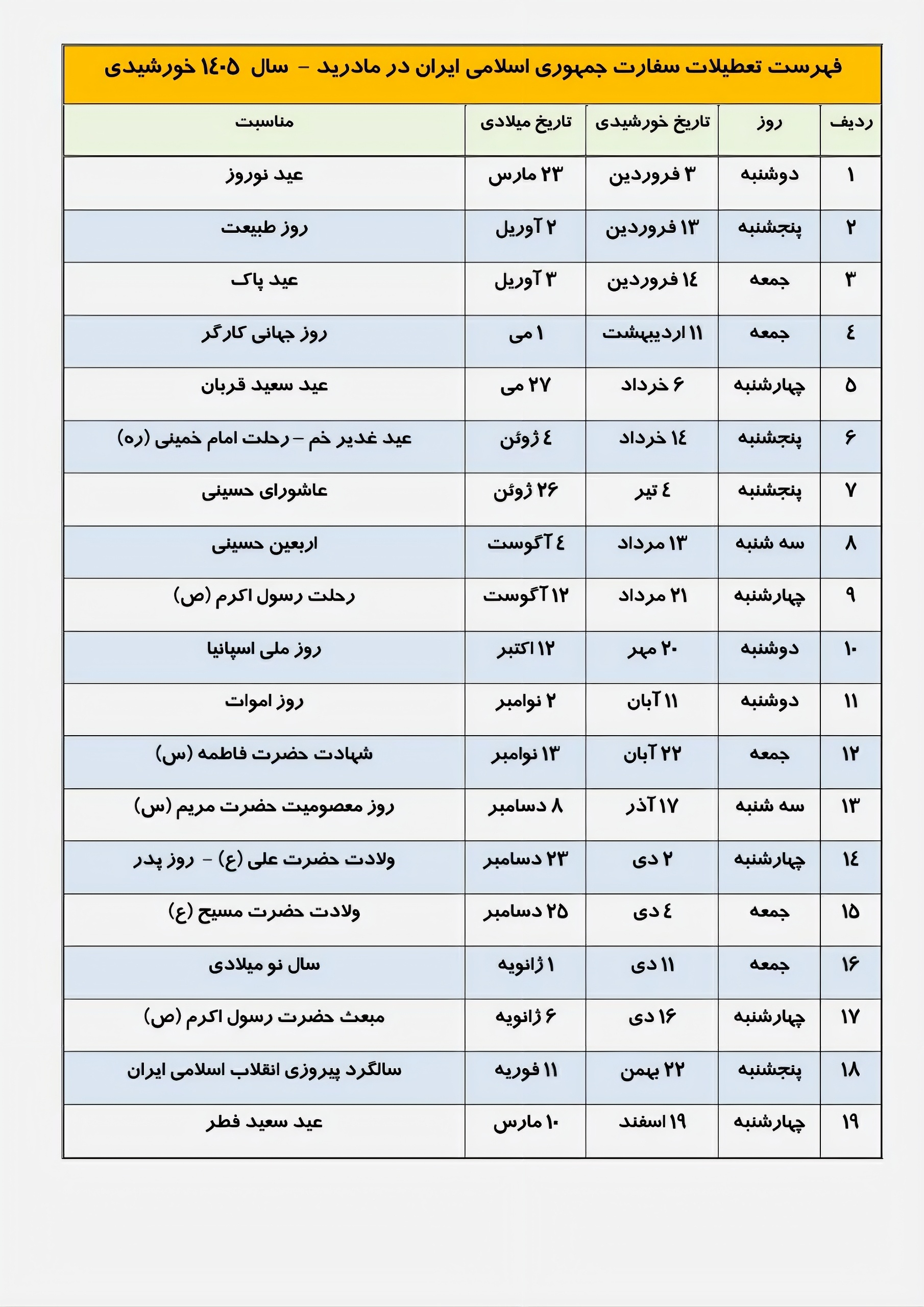 تعطیلات سفارت در سال 1405